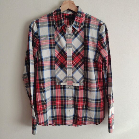 J Crew Womens Plaid Tartan Shirt 4 S Red White Festive Holiday Button Front Top - Picture 1 of 10